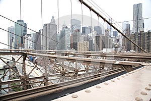 New York, Lower Manhattan skyline as seen from the Brooklyn Bridge