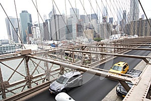 New York, Lower Manhattan skyline as seen from the Brooklyn Bridge