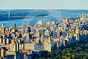 New York. Manhattan. United States. Aerial view of Upper West Side and George Washington Bridge