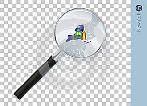 New York map with flag in magnifying glass on transparent background