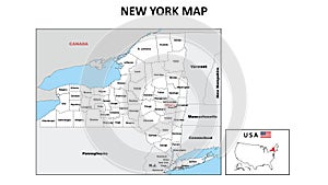 New York Map. Political map of New York with boundaries in white color
