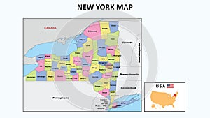 New York Map. State and district map of New York. Political map of New York with neighboring countries and borders