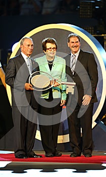 New York Mayor Michael Bloomberg, Billie Jean King and USTA Chairman, CEO and President Dave Haggerty during US Open 2013 opening