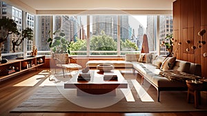 New York Modern style living area in a luxury villa, overlooking the city. Generative AI
