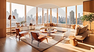 New York Modern style living area in a luxury villa, overlooking the city. Generative AI