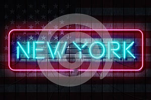 New York neon sign on a Dark Wooden Wall 3D illustration with stars and stripes background