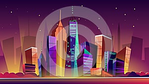 New York night cityscape vector cartoon illustration
