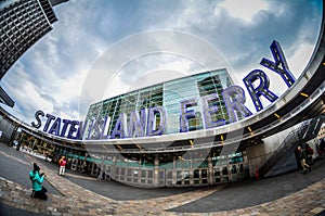 New York, NY Exterior view of the Staten Island Ferry terminal in Battery Park Manhattan. Fisheye lens view