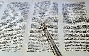 NEW YORK NY March 2019. Hebrew religious Torah old scroll book parchment