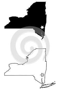 New York NY state Map USA with Capital City Star at Albany. Black silhouette and outline isolated on a white background. EPS