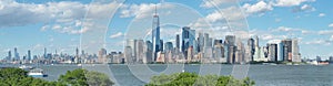 New York, NY, USA. Amazing skyline of Manhattan skyscrapers and buildings from Ellis Island. Landscape of the Freedom tower