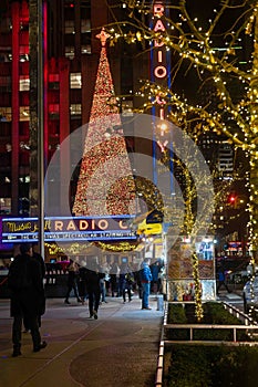 Nighttime Holiday street scene Radio City Music Hall NYC Christmas