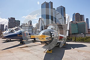 Jets At Intrepid Air Museum With Cityscape of NYC