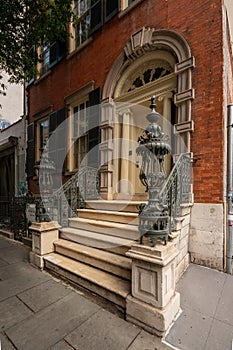 view of the 1832 late-Federal brick Merchant`s House Museum, a preserved 19th-century home o