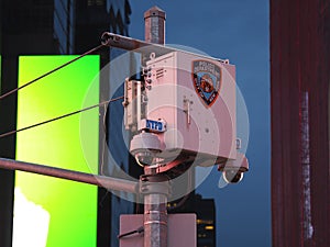 New York, NY, USA. Police video surveillance system in the city center. Cameras that control the most sensitive areas of the city