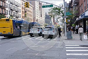 New York, NY / USA - September 11 2020: NYPD Police cars in East Village on 3rd Avenue