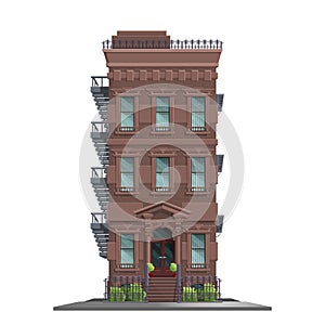 New York old manhattan house with stairs. Old abstract building and facade isolated