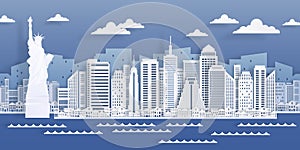 New York paper landmark. USA city skyline view, modern cityscape in origami style. Vector white paper cut skyscraper