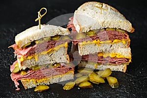 New York pastrami, gherkins and sourdough bread deli sandwich