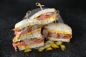 New York pastrami, gherkins and sourdough bread deli sandwich