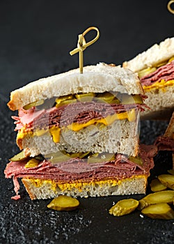 New York pastrami, gherkins and sourdough bread deli sandwich