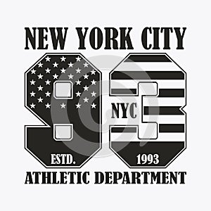 New York print with number in USA flag style. Design clothes, stamp for t-shirt, athletic apparel graphic. Vector.