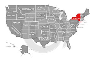 New York red highlighted in map of the United States of America