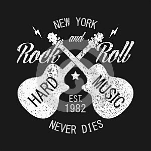 New York rock-n-roll print for apparel with guitar. Design for vintage clothes. Vector illustration.