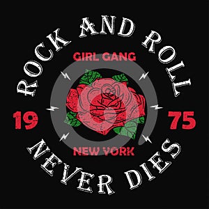 New York rock and roll girl gang - grunge typography for t-shirt, women clothes. Fashion print for apparel with rose and slogan.