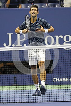 13-time Grand Slam champion Novak Djokovic of Serbia celebrates victory after his 2018 US Open semi-final match