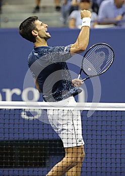 13-time Grand Slam champion Novak Djokovic of Serbia celebrates victory after his 2018 US Open semi-final match