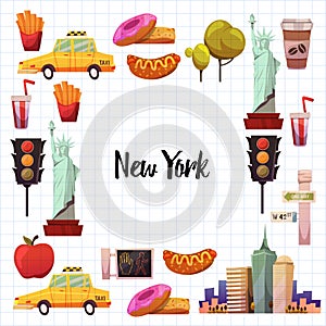 New york Set Vector pattern with flat icons Taxi, apple, donut, statue of Liberty New york Usa travel