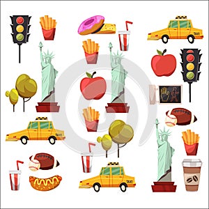 New york Set Vector pattern with flat icons Taxi, apple, donut, statue of Liberty New york Usa travel