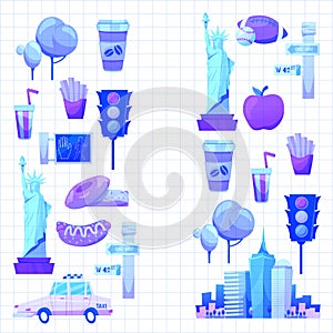 New york Set Vector pattern with flat icons Taxi, apple, donut, statue of Liberty New york Usa travel