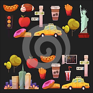 New york Set Vector pattern with flat icons Taxi, apple, donut, statue of Liberty New york Usa travel