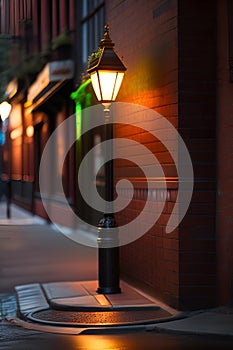 New York sidewalk, graffiti brick wall, light post, bokeh background , night, AI Generative Illustration Graphic Design Art