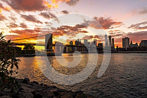 New York Skyline with Brooklyn Bridge Hudson River Manhatten Sun