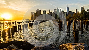 New York Skyline Cityscape Lower Manhatten World Trade Center Freedom Tower from Brooklyn Bridge Park Pier