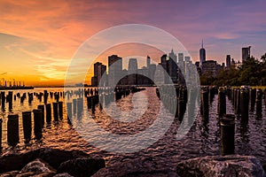 New York Skyline Cityscape Lower Manhatten World Trade Center Freedom Tower from Brooklyn Bridge Park Pier