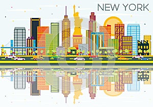 New York Skyline with Color Buildings, Blue Sky and Reflections.