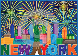 New York Skyline Fireworks Color vector Illustration