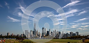 New York Skyline showing  prominent buildings and hotels under a blue sky