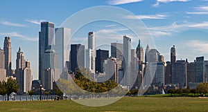 New York Skyline showing several prominent buildings and hotels under a blue sky photo