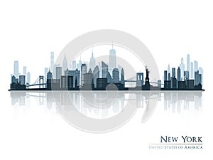 New York skyline silhouette with reflection.