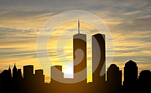 New York skyline silhouette with Twin Towers and against the sunset