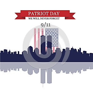 New York skyline silhouette with Twin Towers. American Patriot Day banner.