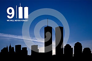New York skyline silhouette with Twin Towers on background of sky