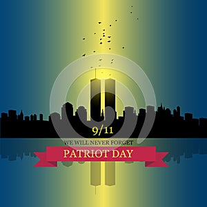 New York skyline silhouette with Twin Towers and birds flying up like souls. American Patriot Day banner.