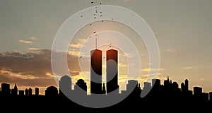 New York skyline silhouette with Twin Towers and birds flying up like souls at sunset. American Patriot Day banner.