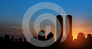 New York skyline silhouette with Twin Towers at sunset. American Patriot Day banner.